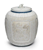 An elaborately-moulded biscuit-reserved ovoid jar and cover Edo period (1615-1868), mid-late 19th century (2) Japanese Beauty, Japanese Art, Edo Period, Art Uk, Glass Art, 19th Century, Auction, Ceramics, Fine Art