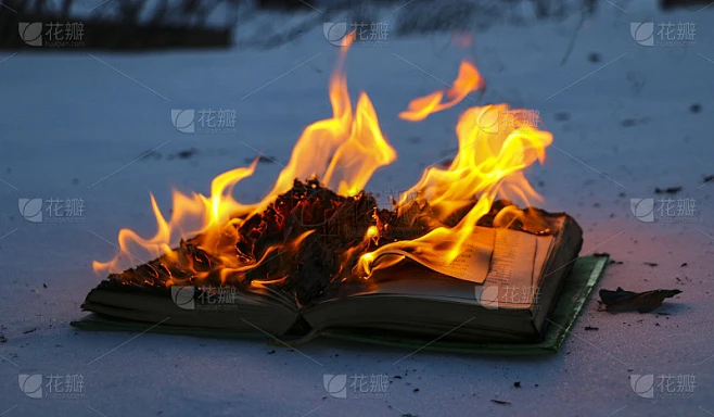 在雪中焚烧书籍。打开的书里有课文的书页被明亮的火焰烧毁了。素材-花瓣网