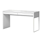 IKEA - MICKE, Desk, white, , A long table top makes it easy to create a workspace for two.Cable outlets and compartment in the back keep your cords and cables out of view but close at hand.The legs can be mounted to the right or left according to need.Can