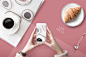 美食杂志粉红桌面牛角面包餐饮美食海报