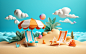 Cute 3d illustration of cartoon beach scene. Summer design. Traveling mock up. Summer beach,adobestock,istock