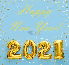 2021年新年快乐，蓝色背景，五彩纸屑。除夕邀请2021年。广场平面躺