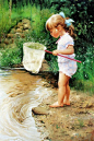 Annie赵彤:这张小女孩在池塘边捞小鱼的 iphone 苹果手机屏保壁纸超级复古， - 图喜欢