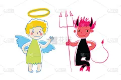 卡通小天使和魔鬼。矢量图。简单的彩色的素描。两个小的精神顾问作为可爱的宝宝。有趣的天使和恶魔字符。作