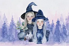 恐怖神秘万圣节魔法女巫水彩绘画手绘插图插画png免抠图片素材下载_颜格视觉