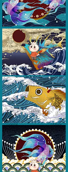 日系国潮风和风日本浮世绘文化海浪手绘插画斗鱼psd设计素材海报-淘宝网