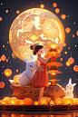 月满中秋皮克斯风格嫦娥玉兔中秋节人物插画