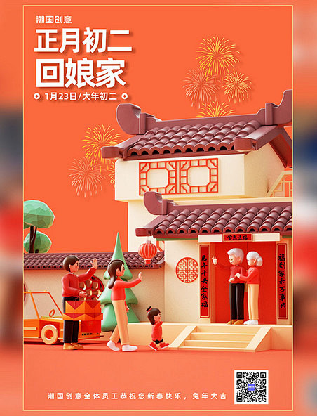 兔年3D春节年俗习俗新年过年一家人正月初...