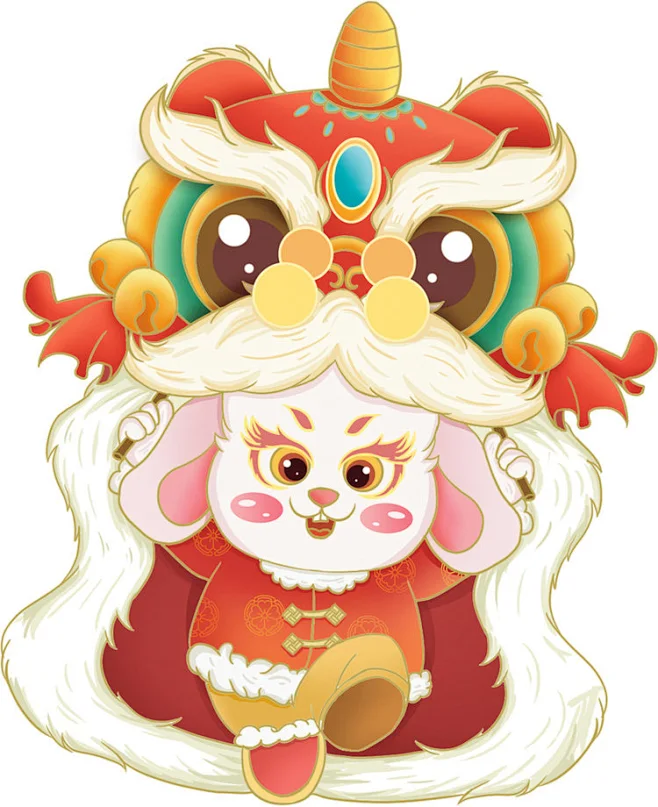 兔年舞狮免扣元素设计-花瓣网