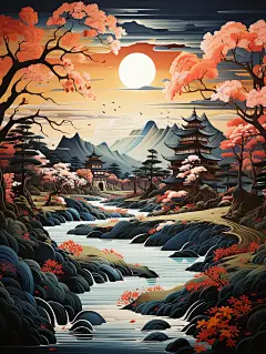 一幅展示河流、中国古代村落、中国古代建筑的油画，设计风格俏皮