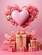 a gift box decorated with pink flowers and balloons, in the style of graphic design poster art, 3d, romantic illustration, bright color palettes, humor meets heart, golden palette, collecting and modes of display