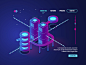 Digital city. Ultraviolet isometric : Animation with isometric illustrations. Digital technology, Website page template. Ultraviolet backgorund