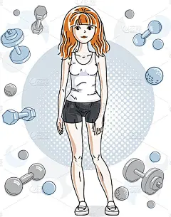 年轻漂亮的红发运动女人站在简单的背景与哑铃和杠铃。矢量人物穿着短裤和t恤。运动健身主题。