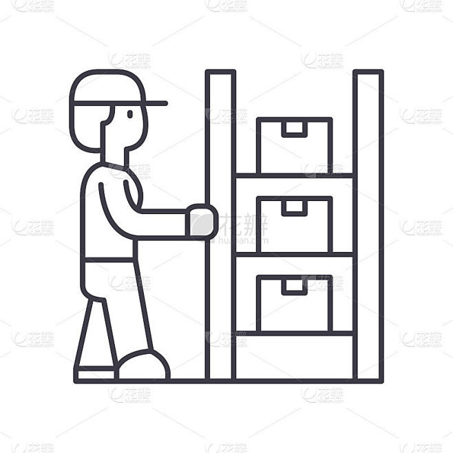 仓库工作图标，线性孤立的插图，细线矢量，网页设计标志，轮廓概念符号与可编辑的笔画在白色的背景。