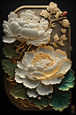 The picture has only one perfect soft whole body white jade texture exquisite peony flower around the red blooming peony flower relief, the whole body is translucent, layer by layer of petals, gold foil texture background, Chinese style ancient art, maste