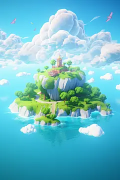 自然小岛建筑场景插画