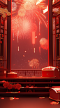 Chinese new year fireworks in the red background, in the style of trompe l'oeil compositions, daz3d, narrative paneling, mirror rooms, nature-inspired art nouveau, interior scenes, minimalist backgrounds