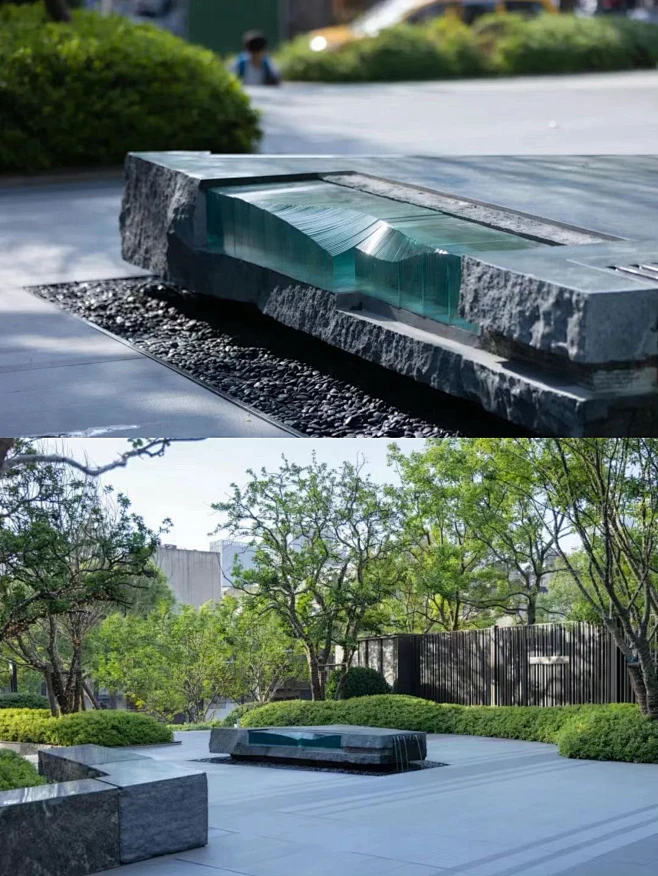 武汉龙湖御湖境 城市界面的街角花园盒子，我们将沉淀的石材作为主角，当代艺术遇上东方元素，定制切割的整石经过精细的开山打磨，最终呈现的景观坐凳 ...