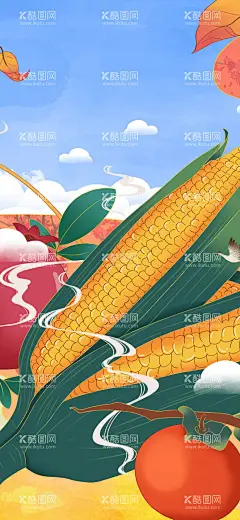 立秋成熟插画手绘海报  - 源文件下载【酷图网】立秋,成熟,插画,手绘,海报,玉米,