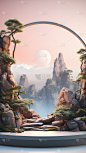 通用电商传统中国风中式自然山树风景圆形展台场景背景