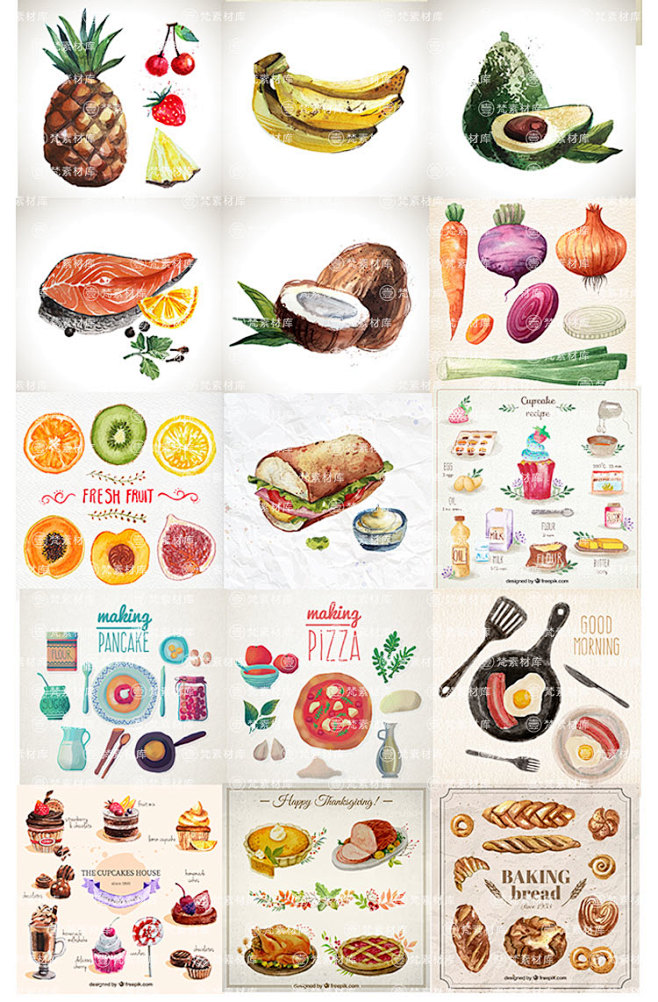 国外水彩手绘食物蔬菜水果厨房餐厅美食ep...
