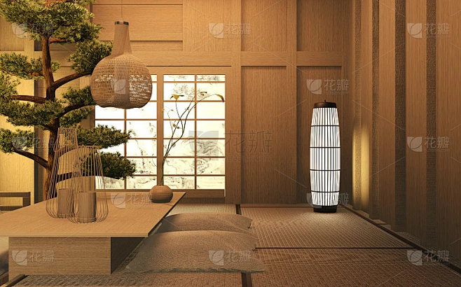 客厅木日式室内设计。三维渲染素材-花瓣网