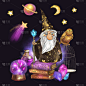 可爱的巫师魔法插图猫头鹰，星星，月亮晶体和旧书