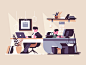 Creative office co-working center character interior people workplace office creative kit8 flat vector illustration