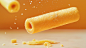 A cylindrical egg roll biscuit, hollow in the middle, crispy taste, smooth surface, front angle of the product, suspended in the air, panoramic view, delicate, exquisite texture, clean orange-yellow warm bright background, appetizing, Sony A7m3