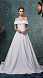 sareh nouri fall 2019 bridal off shoulder short sleeves straight across a line wedding dress chapel train clean minimal elegant (1) mv