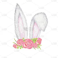 水彩画复活节兔子耳朵与粉红色的花冠孤立地说明白色背景.手绘卡通画春假兔子耳朵开玫瑰花