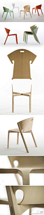 具所：英国设计师Benjamin Hubert为家具品牌De La Espada设计的“Pelt”椅子。一体式的椅面和靠背为的8mm胶合板材质，流畅的曲线一直延伸到前后椅腿，使外形浑然一体。底座十字交叉固定，使其更坚实稳固，多把椅子可以整洁叠放。