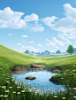 a photo of a beautiful grass land scene, in the style of hyper-realistic water, flower and nature motifs, rough edges, vibrant stage backdrops, ferrania p30, simplistic cartoon, pastoral charm