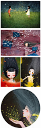 韩国 아칸오숑 插画师的作品，幻想式的插画，很像小女孩的梦境。