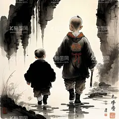 水墨画小孩  - 源文件下载【酷图网】水墨画,国风,重墨淡彩,小孩背影,中式画,