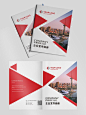 This may contain: an open brochure with red and white triangles on the front, side and back
