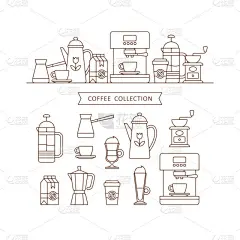 咖啡的一组元素。咖啡厅。咖啡厅。咖啡屋。咖啡师。咖啡时间.