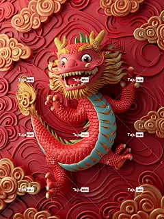 一个红色逗人喜爱和愉快的中国龙的3D浮雕祥云海报