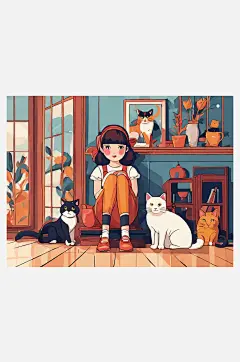 扁平风女孩和猫咪AI数字艺术-众图网