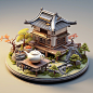 中式木屋数字艺术3d立体房子建筑卡通房子