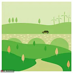 山路风景 风力发电 绿色手绘 风景插图插画AI36 风光建筑 风景插画