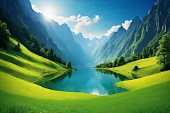 湖水景色天空山峦插画图片