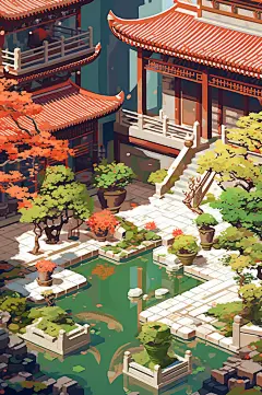 AI数字艺术像素风四合院建筑插画-众图网