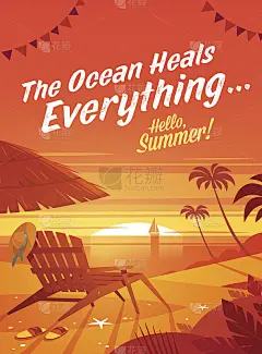 暑假。海滩度假躺椅带伞。日落oceanview。