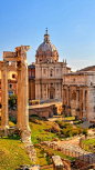 Forum Romanum,Rome, Italy。意大利罗马的古罗马广场。古罗马广场形成于900多年的时光流逝，在所有广场中不仅最为古老也最为知名。古罗马广场于公元前7世纪首度成型，原为伊特鲁里亚人的埋葬场，随后扩展为罗马共和国璀璨光辉的中心。公元4世纪以后，它的重要地位逐步丧失，直至沦为牧，并且大量石料和大理石被窃去用于修建新的宫殿、教堂和纪念碑。文艺复兴时期，人们对一切古典事物重燃旧爱，广场成为艺术家和建筑师们瞩目的焦点。公元18世纪开始，人们开始系统地挖掘广场遗址，该工程一直持续至今。