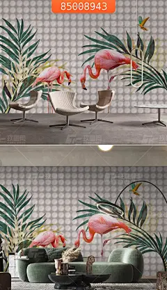 北欧风水彩热带树叶火烈鸟立体几何背景墙下载-编号85008943-现代简约电视背景墙-电视背景墙-背景墙-背景墙/壁纸-玖图网