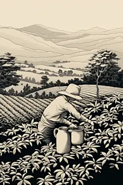 AI数字艺术复古铜版画茶园茶叶插画-众图网