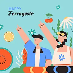 扁平夏天卡通人物情侣海边度假房车旅行插画海报ai矢量设计素材-淘宝网