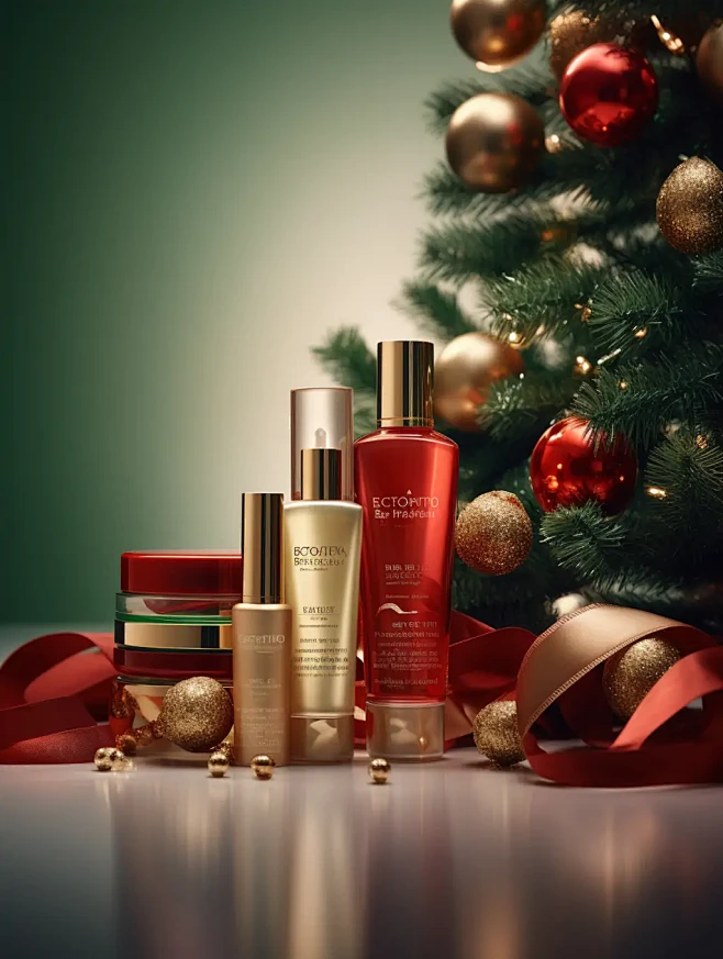 高级感圣诞节红色绿色化妆品护肤品礼物电商...