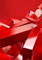 empty red gift boxes with ribbon background, stock photo, in the style of futuristic geometric abstraction, juxtaposition of light and shadow, uhd image, glass fragments art, light red and white, photorealistic detail, kodak vision3